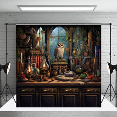Lofaris Wizard’s Study with Owl Photography Backdrop Magical Potions and Books Desk Fantasy Halloween Photo Shoots