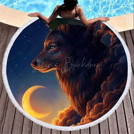 Lofaris Wolf Under Moonlit Night Peaceful Round Beach Towel