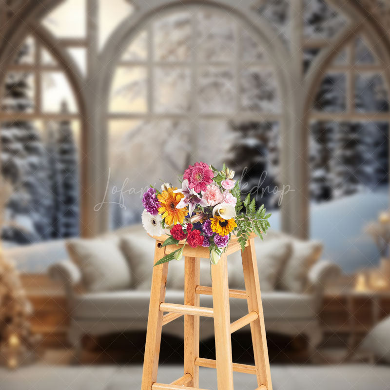 Lofaris Wood Arch Window Winter World Cozy Sofa Backdrop