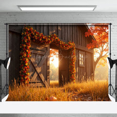 Lofaris Wood Barn Floral Maple Tree Autumn Photo Backdrop