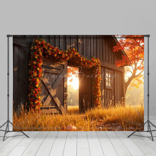 Lofaris Wood Barn Floral Maple Tree Autumn Photo Backdrop