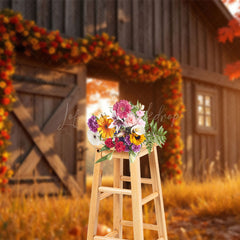 Lofaris Wood Barn Floral Maple Tree Autumn Photo Backdrop