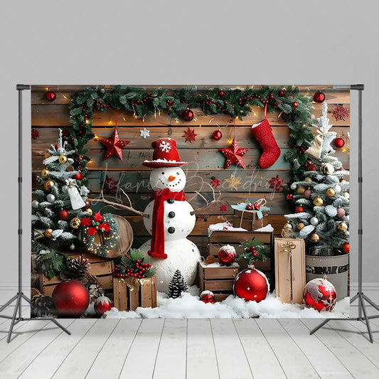 Lofaris Wood Board Snowman Christmas Baubles Photo Backdrop