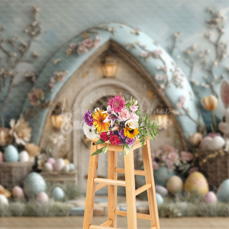 Lofaris Wood Bunny Hutch Eggs Floral Easter Photo Backdrop