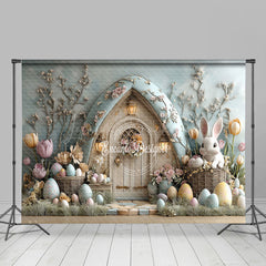 Lofaris Wood Bunny Hutch Eggs Floral Easter Photo Backdrop