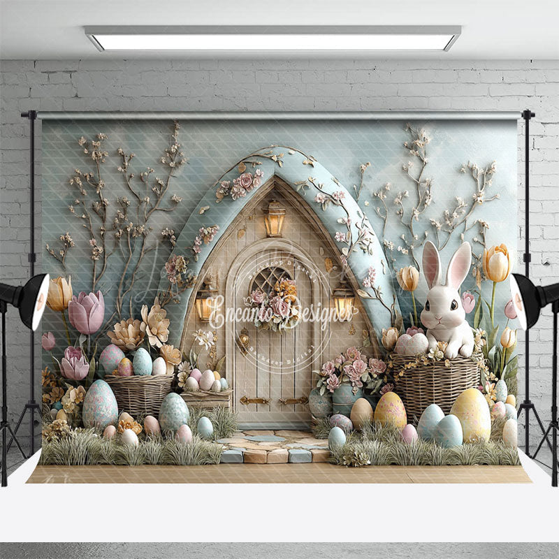 Lofaris Wood Bunny Hutch Eggs Floral Easter Photo Backdrop