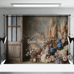 Lofaris Wood Door Boho Floral Reed Wedding Photo Backdrop