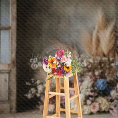 Lofaris Wood Door Boho Floral Reed Wedding Photo Backdrop