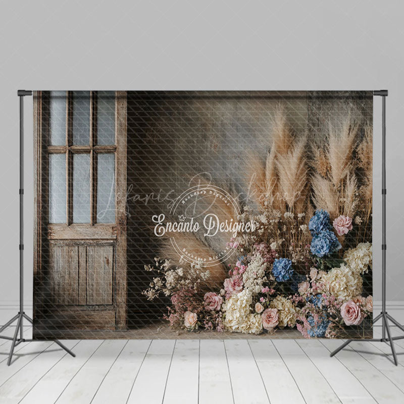Lofaris Wood Door Boho Floral Reed Wedding Photo Backdrop