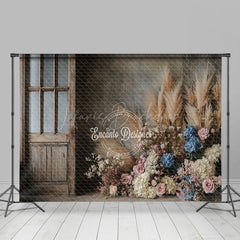Lofaris Wood Door Boho Floral Reed Wedding Photo Backdrop