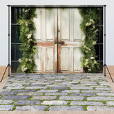 Lofaris Wood Door Greenery Floor Tiles Combo Set Backdrop