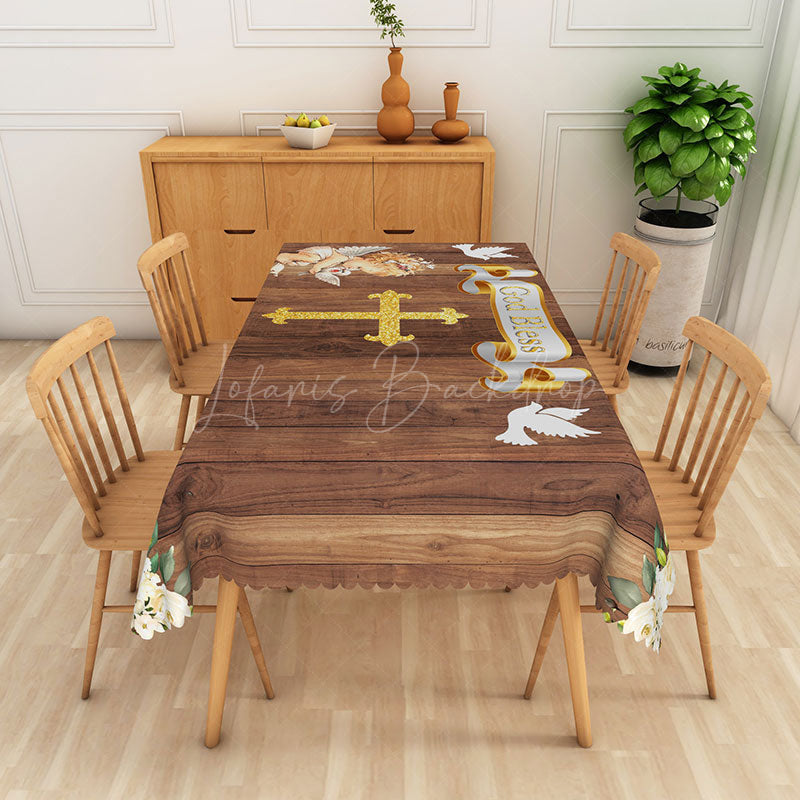 Lofaris Wood God Bless Baptism Party Rectangular Tablecloth