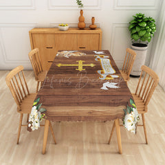 Lofaris Wood Grain God Bless Baptism Rectangular Tablecloth
