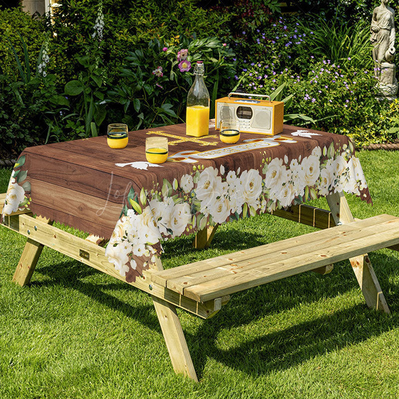 Lofaris Wood Grain God Bless Baptism Rectangular Tablecloth