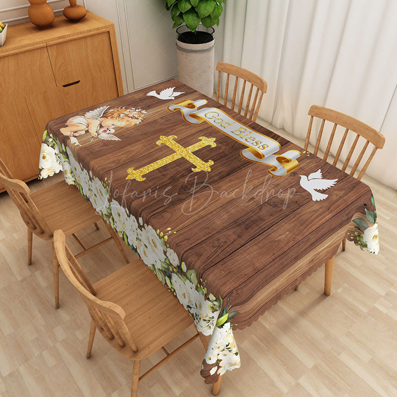 Lofaris Wood Grain God Bless Baptism Rectangular Tablecloth