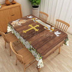 Lofaris Wood Grain God Bless Baptism Rectangular Tablecloth