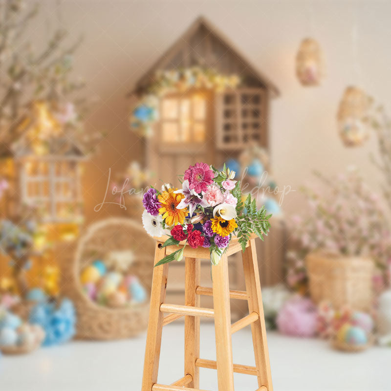 Lofaris Wood House Colorful Eggs Floral Bunny Easter Backdrop