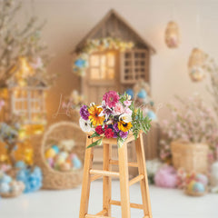 Lofaris Wood House Colorful Eggs Floral Bunny Easter Backdrop