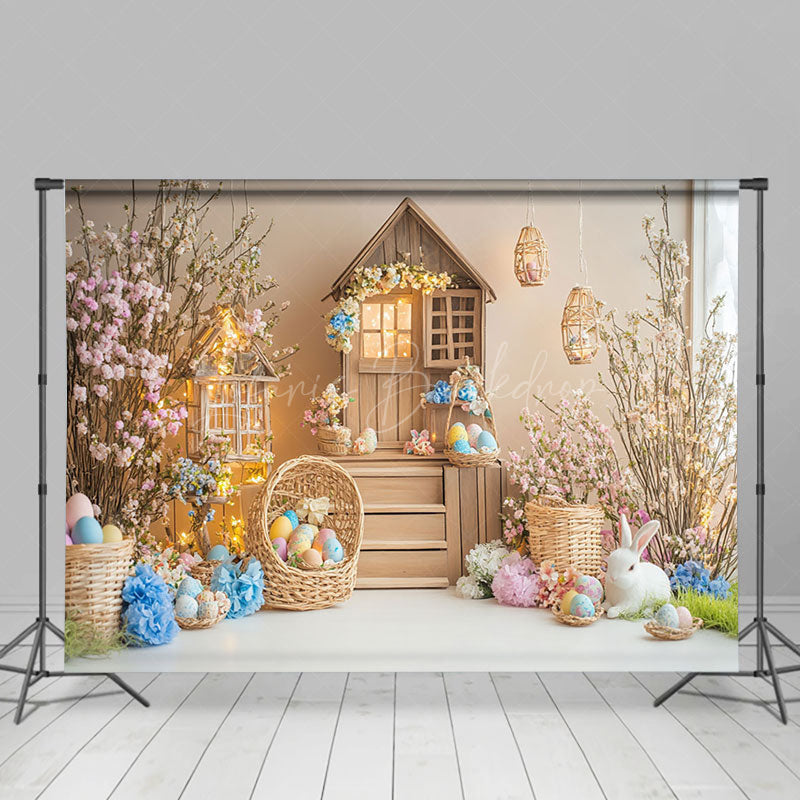 Lofaris Wood House Colorful Eggs Floral Bunny Easter Backdrop