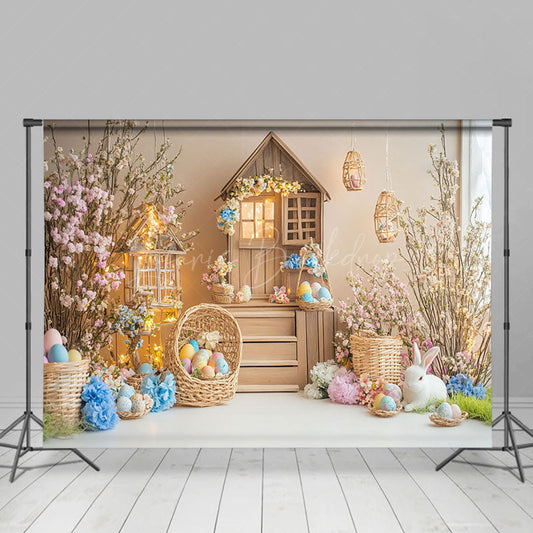 Lofaris Wood House Colorful Eggs Floral Bunny Easter Backdrop