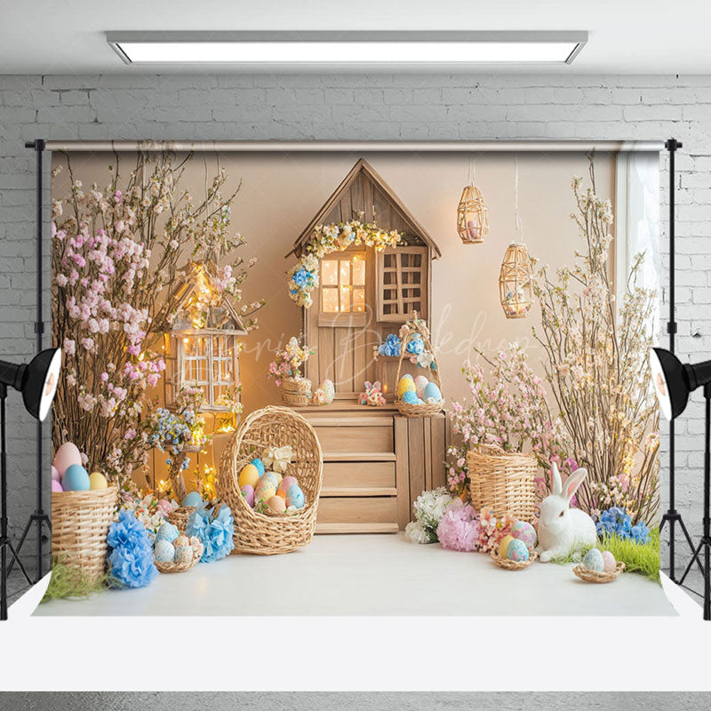 Lofaris Wood House Colorful Eggs Floral Bunny Easter Backdrop