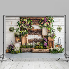 Lofaris Wood Wall Floral Greenery Spring Photography Backdrop