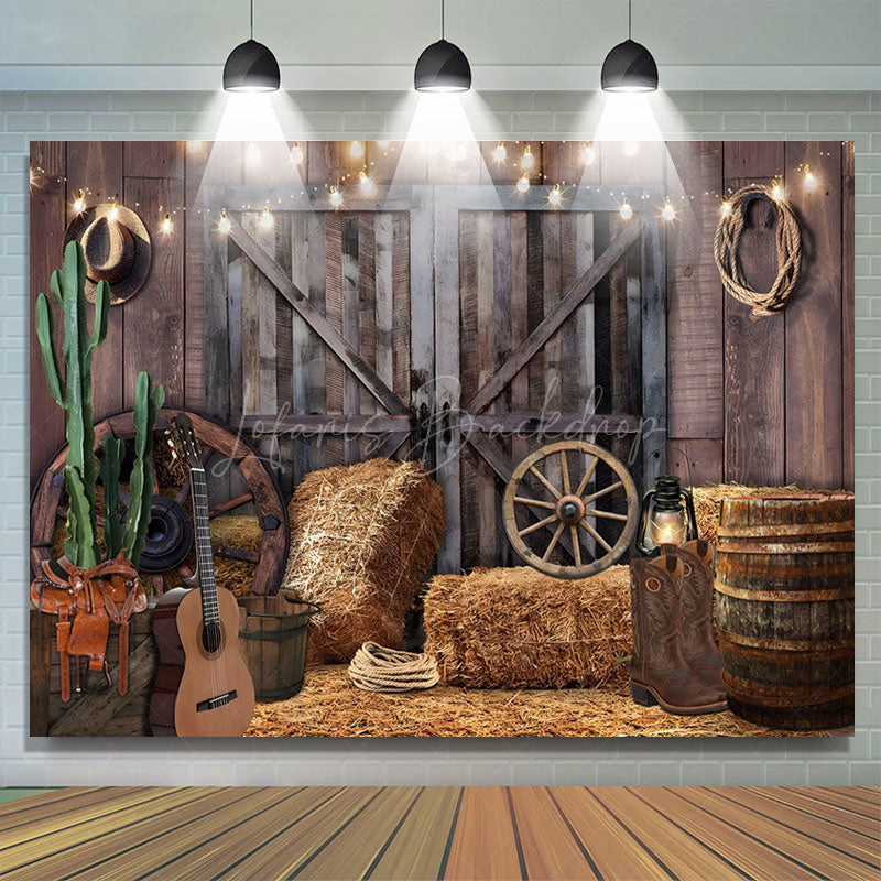 Lofaris Wooden Barn Door Lighted Cowboy Birthday Backdrop