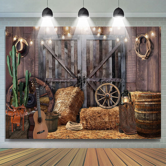 Lofaris Wooden Barn Door Lighted Cowboy Birthday Backdrop