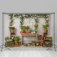 Lofaris Wooden Board Planting Tulips Floral Spring Backdrop