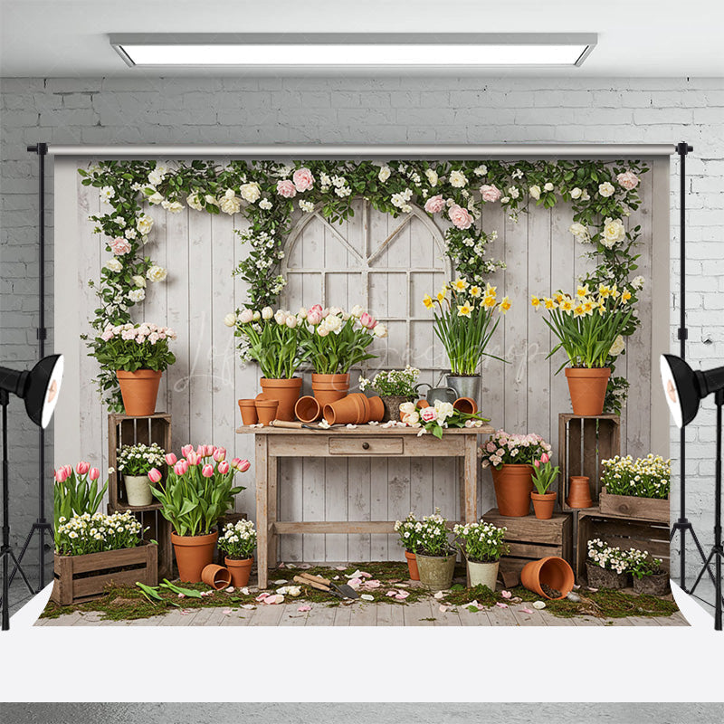 Lofaris Wooden Board Planting Tulips Floral Spring Backdrop