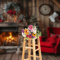Lofaris Wooden Brown Fireplace Warm Christmas Scene Backdrop