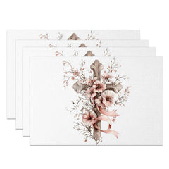 Lofaris Wooden Cross Pink Floral Set of 4 Placemats Elegant Flower Ribbon Religious Table Mats Baptism Confirmation Decor