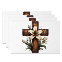 Lofaris Wooden Cross Set of 4 Placemats White Lily Flower Religious Christian Holiday Table Mats