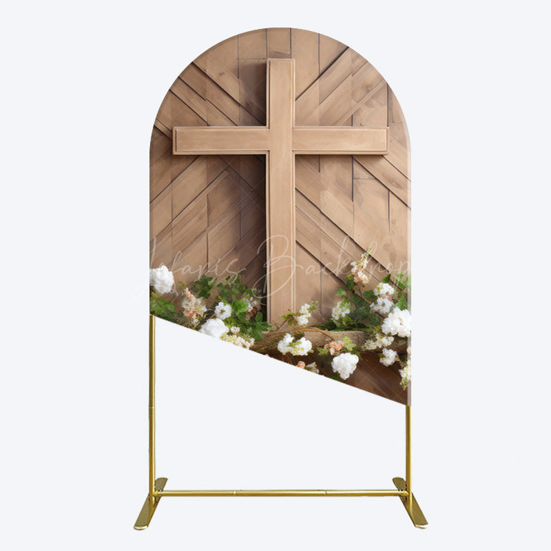 Lofaris Wooden Cross White Floral Spring Easter Arch Backdrop