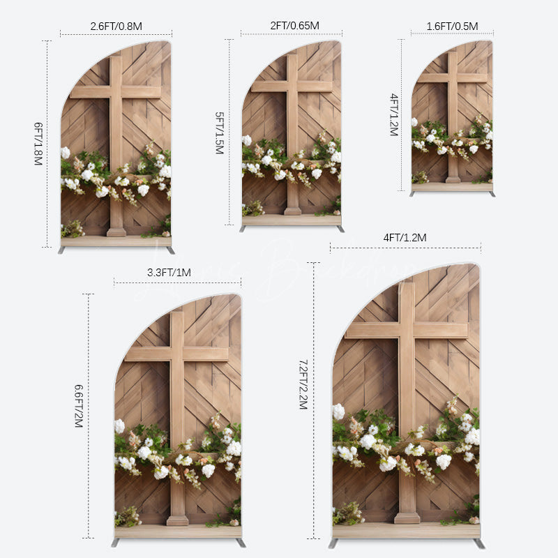 Lofaris Wooden Cross White Floral Spring Easter Half Moon Arch Backdrop