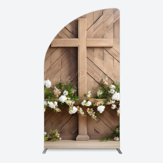Lofaris Wooden Cross White Floral Spring Easter Half Moon Arch Backdrop