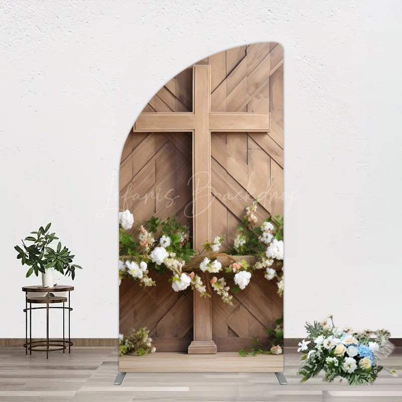 Lofaris Wooden Cross White Floral Spring Easter Half Moon Arch Backdrop
