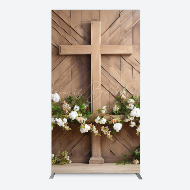 Lofaris Wooden Cross White Floral Spring Easter Rectangle Backdrop