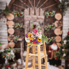 Lofaris Wooden Door Christmas Snow Scene Photo Backdrop