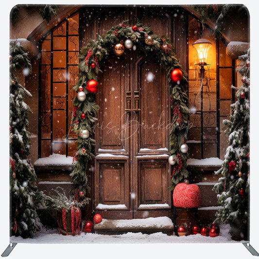 Lofaris Wooden Door Plants Bells Xmas Tension Fabric Backdrop