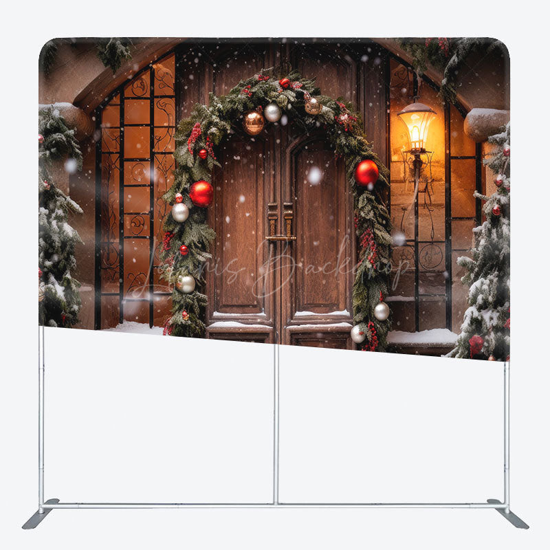 Lofaris Wooden Door Plants Bells Xmas Tension Fabric Backdrop