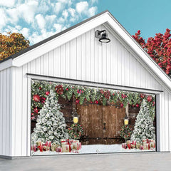 Lofaris Wooden Door Snowy Christmas Vibe Garage Banner