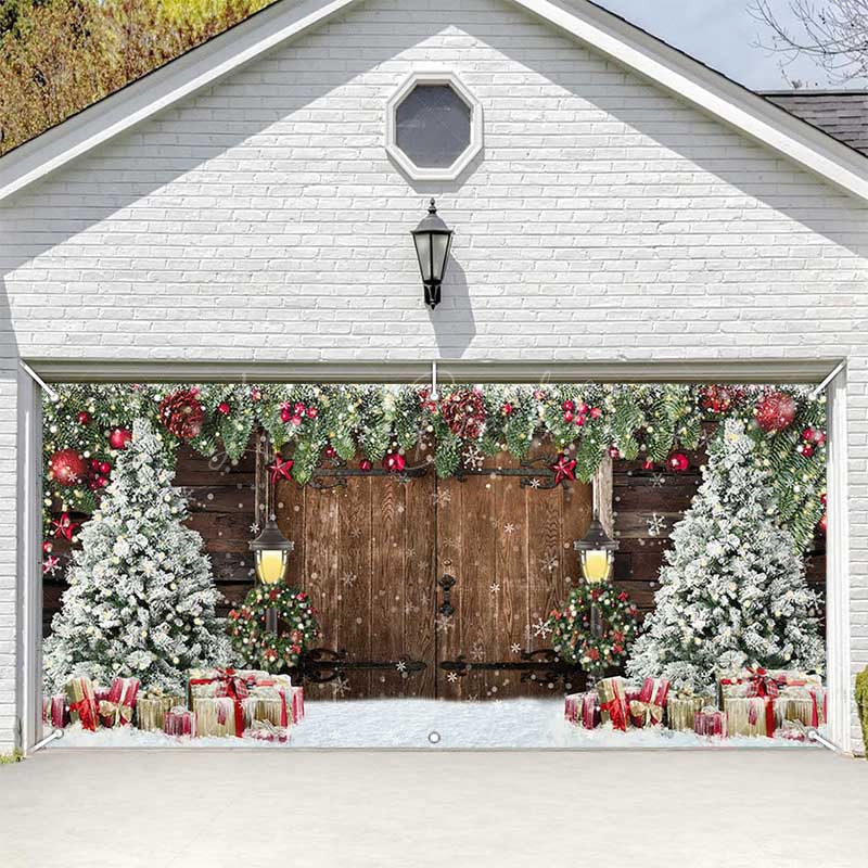 Lofaris Wooden Door Snowy Christmas Vibe Garage Banner