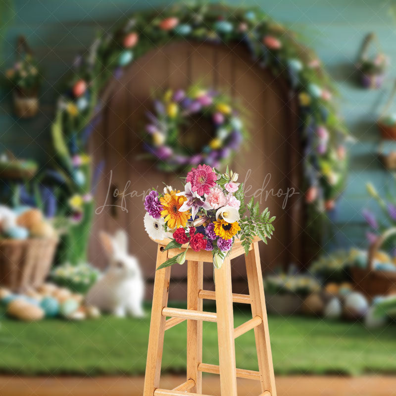 Lofaris Wooden Door Wall Eggs Bunny Easter Photo Backdrop