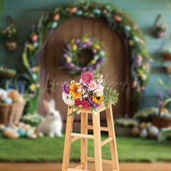 Lofaris Wooden Door Wall Eggs Bunny Easter Photo Backdrop