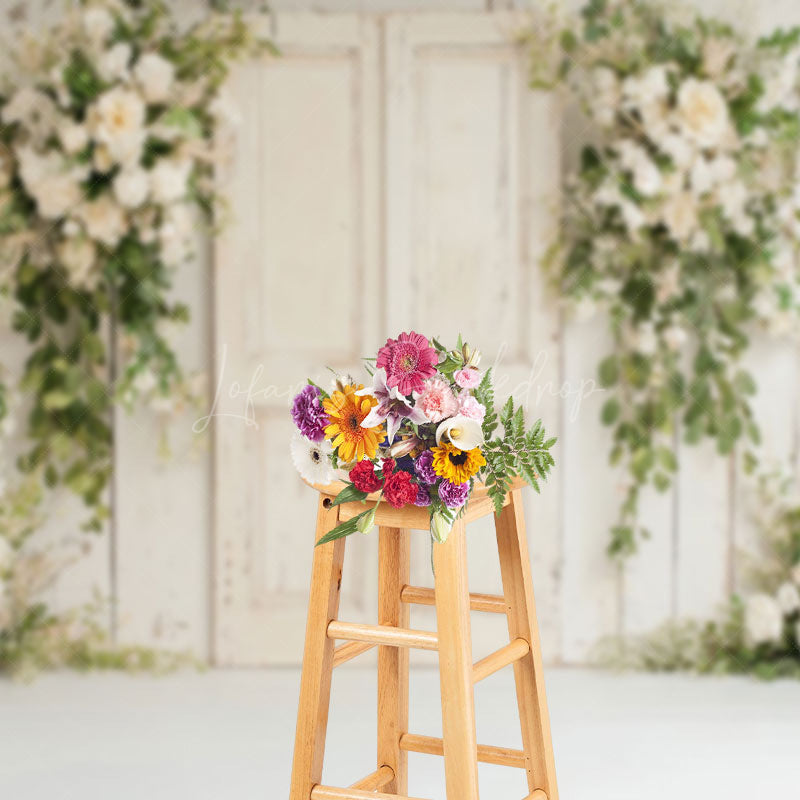 Lofaris Wooden Door With White Flower Brick Wedding Backdrop