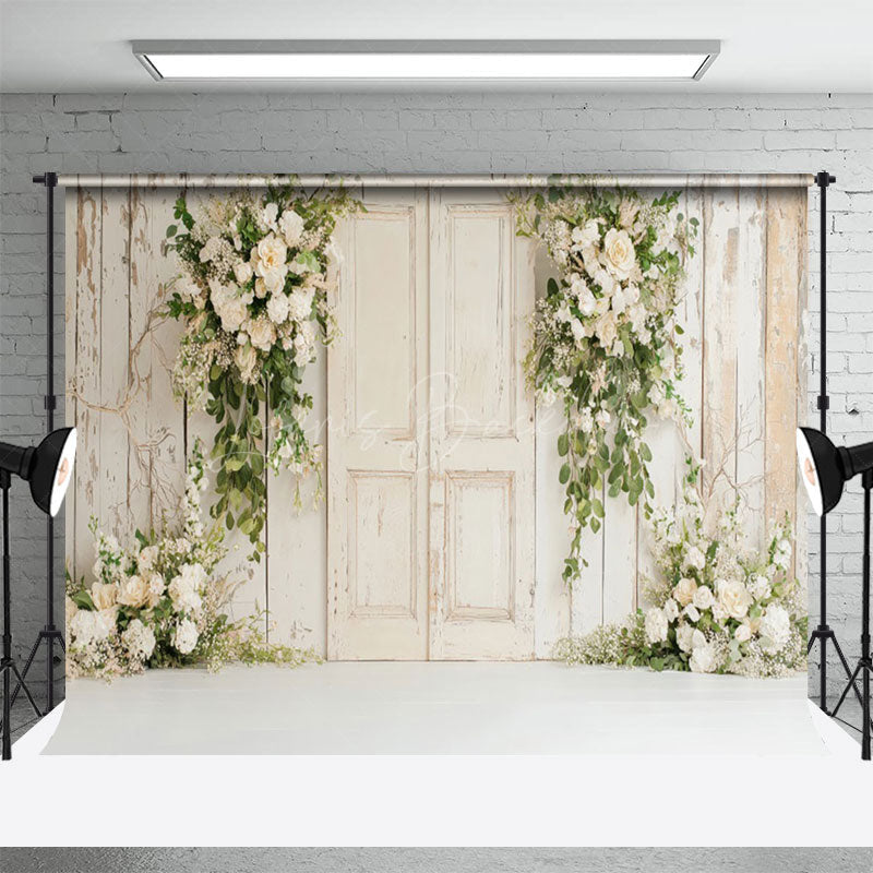 Lofaris Wooden Door With White Flower Brick Wedding Backdrop