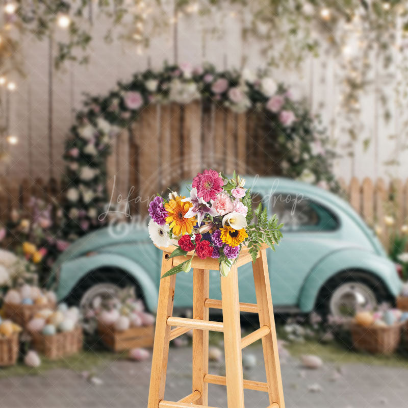 Lofaris Wooden Fence Eggs Blue Car Easter Photo Backdrop
