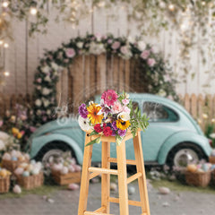 Lofaris Wooden Fence Eggs Blue Car Easter Photo Backdrop