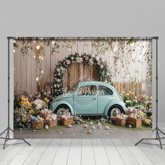 Lofaris Wooden Fence Eggs Blue Car Easter Photo Backdrop